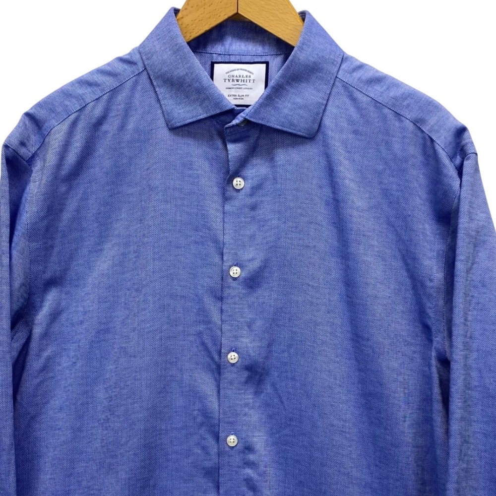 Charles Tyrwhitt Dress Shirt Mens 17/35 Blue Extra Slim Fit Cotton Linen Blend
